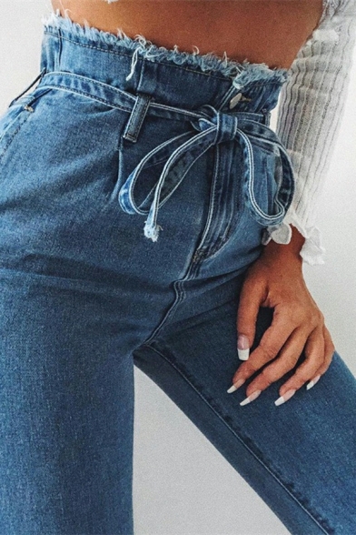 Ladies Classic Plain Pure Color Belt Ankle Length High Waist Button Closure Jeans