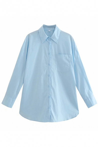 Ladies Dashing Shirt Solid Pocket Turn-down Collar Relaxed Long Sleeve Button Up Shirt
