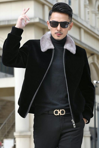 Modern Contrast Color Pocket Long Sleeves Spread Collar Zip-up Leather Fur Jacket for Men