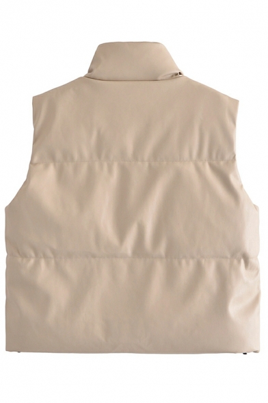 Retro Whole Colored Sleeveless Zip Placket Fitted Stand Collar Vest for Ladies