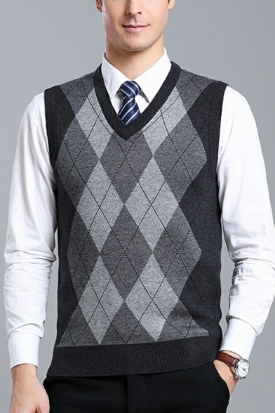 Street Style Boys Checked Pattern V-Neck Sleeveless Regular Fit Knitted Vest
