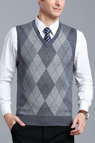 Stylish Boys Checked Printed Rib Hem V Neck Sleeveless Regular Knitted Vest for Men