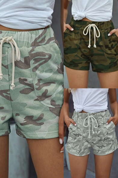 Women Shorts Camouflage Pattern Pocket Design High Rise Fitted Drawstring Shorts