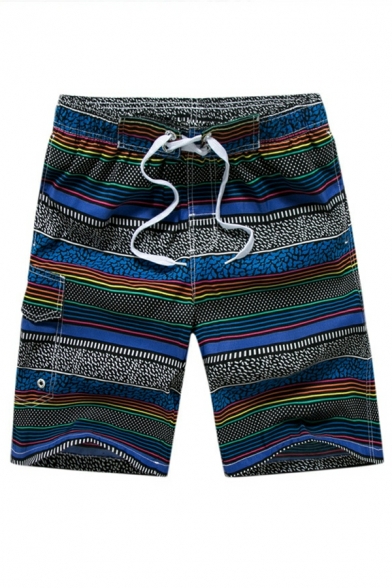 Chic Boy's Striped Pattern Pocket Mid Rise Drawstring Waist Regular Fit Shorts