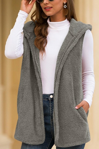Creative Girls Solid Color Sleeveless Hooded Pocket Detail Zip Closure Vest