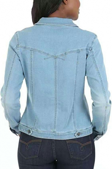 Creative Ladies Jacket Plain Pocket Turn-down Collar Slim Long-sleeved Button Denim Jacket