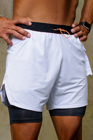 Edgy Men's Color Block Flap Pocket Double Layer Drawcord Waist Slim Fit Shorts