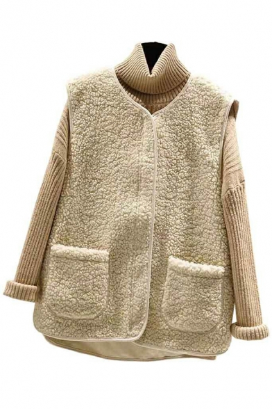 Ladies Fashionable Plain Pocket Detail V-neck Zip Closure Oversized Lambswool Vest