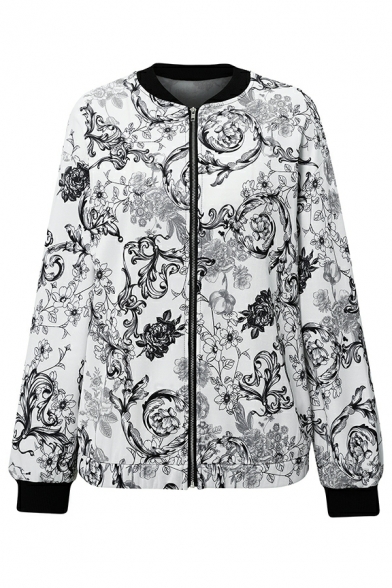 Ladies Popular Floral Print Pocket Long Sleeve Stand Neck Oversize Zip up Jacket