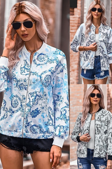 Ladies Popular Floral Print Pocket Long Sleeve Stand Neck Oversize Zip up Jacket