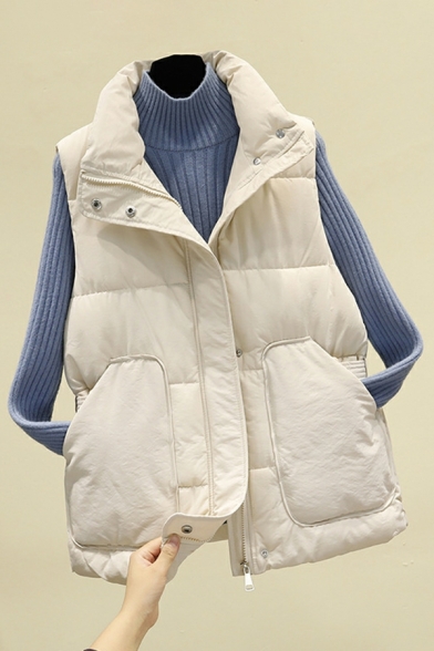 Original Whole Colored Big Pocket Baggy Stand Collar Zipper Vest for Ladies