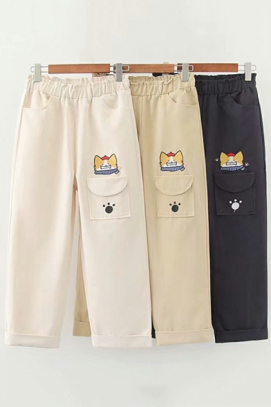 Popular Ladies Cartoon Pattern Pocket High Waist Loose Elastic Waist Pants