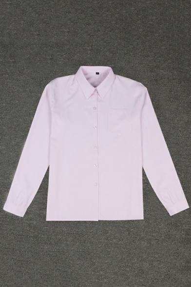 Vintage Girls Shirt Whole Colored Point Collar Regular Long Sleeve Button Closure Shirt
