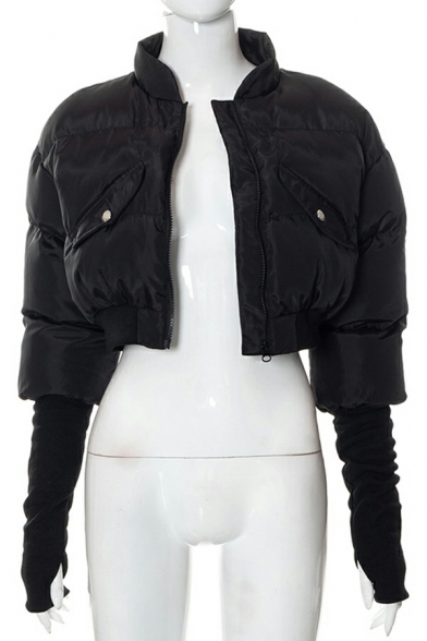 Women Hot Jacket Pure Color Long Sleeve Stand Collar Pocket Zip Closure Skinny Crop Jacket
