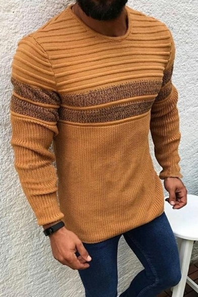 Basic Sweater Contrast Line Long Sleeves Round Neck Skinny Pullover Sweater for Men