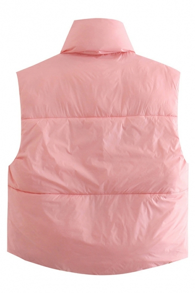 Fashion Plain Stand Neck Pocket Detailed Regular Zip Closure Crop Vest for Girls