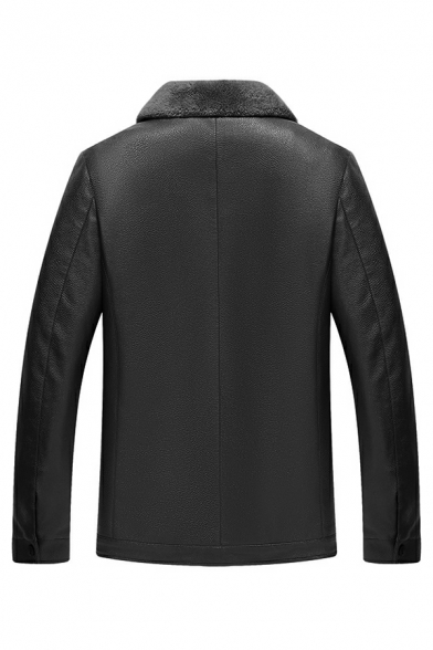 Men Stylish Jacket Plain Spread Collar Zipper Long-sleeved Zip-up Leather Fur Jacket