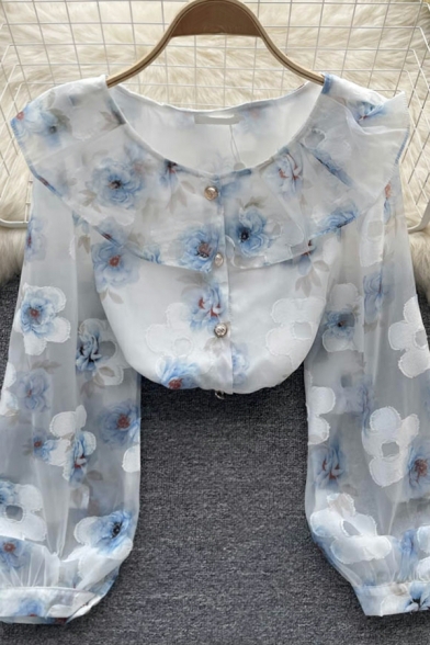 Modern Shirt Floral Print Round Collar Ruffles Long Sleeves Button Closure Shirt for Girls