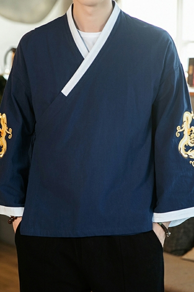 Pop Mens Dragon Pattern Pocket Long Sleeve Baggy V Neck Hanfu Jacket