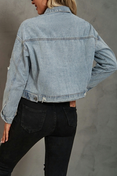 Retro Ladies Jacket Long Sleeve Leopard Print Chest Pocket Spread Collar Denim Jacket