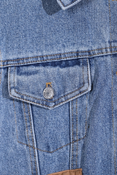 Street Look Girls Contrast Stitching Stand Collar Chest Pocket Button-up Denim Jacket