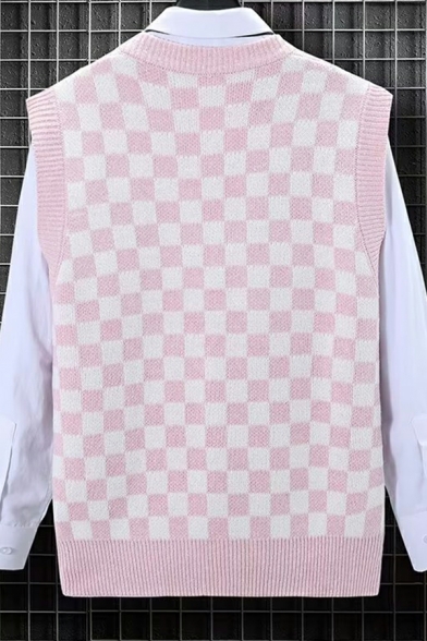 Street Style Boys Checked Print V-Neck Sleeveless Regular Fit Knitted Vest