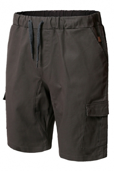 Casual Men Solid Color Flap Pocket Regular Drawstring Waist Cargo Shorts