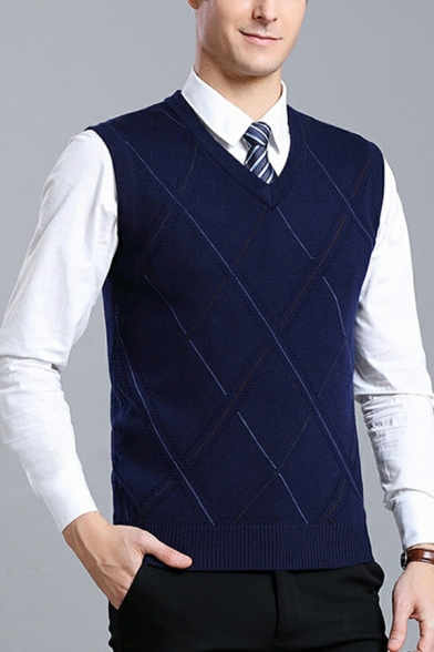 Chic Guy's Checked Print Rib Hem V-Neck Sleeveless Skinny Knitted Vest