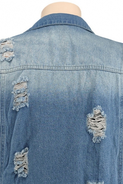Cool Pure Color Pocket Stand Collar Distressed Button down Denim Jacket for Girls