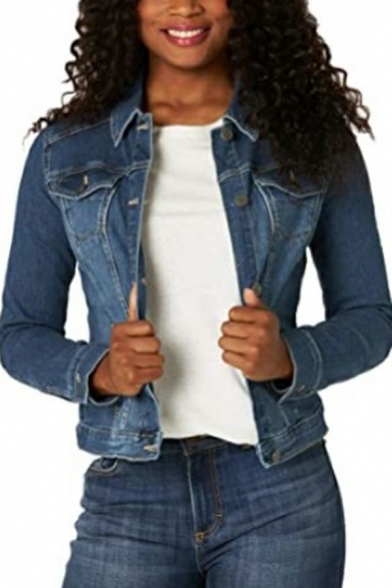 Creative Ladies Jacket Plain Pocket Turn-down Collar Slim Long-sleeved Button Denim Jacket