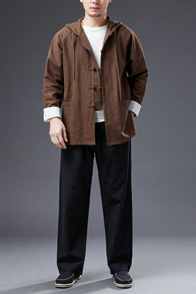 Men Retro Color Block Pocket Decoration Hooded Drawstring Long Sleeve Regular Jacket