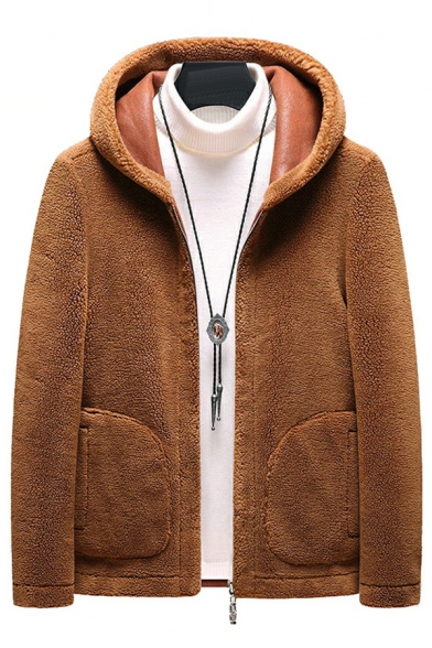 Mens Fashion Pure Color Pocket Hooded Fitted Long Sleeve Zipper Leather Fur Jacket