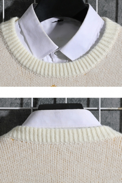 Mens Trendy Sweater Color Block Rib Hem Long Sleeves Round Collar Fitted Pullover Sweater