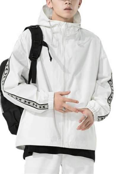 Street Look Color Block Drawstring Long Sleeves Loose Zip Fly Hooded Jacket for Guys