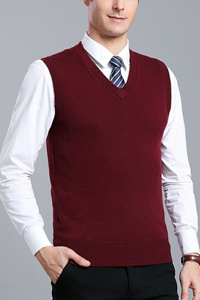 Stylish Whole Colored V Neck Sleeveless Regular Fit Knitted Vest for Guys