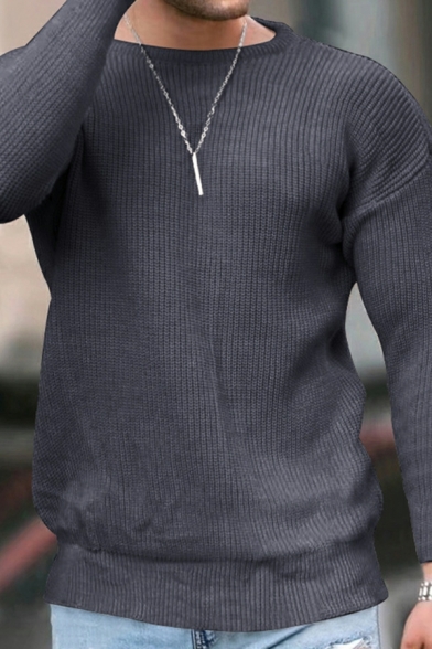 Vintage Mens Sweater Plain Long Sleeves Round Neck Slimming Pullover Sweater