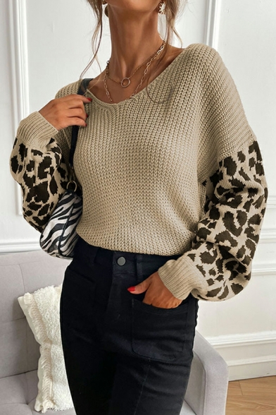 Casual Womens Leopard Print Round Neck Long Sleeve Loose Fit Knitted Top