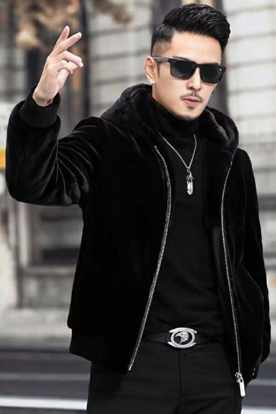 Chic Men Whole Colored Hooded Long-sleeved Regular Zip Fly Leather Fur Jacket