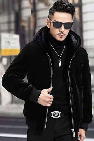 Chic Men Whole Colored Hooded Long-sleeved Regular Zip Fly Leather Fur Jacket
