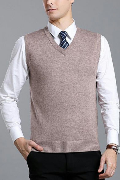 Cool Guy's Pure Color Rib Hem V-Neck Sleeveless Regular Fitted Knitted Vest