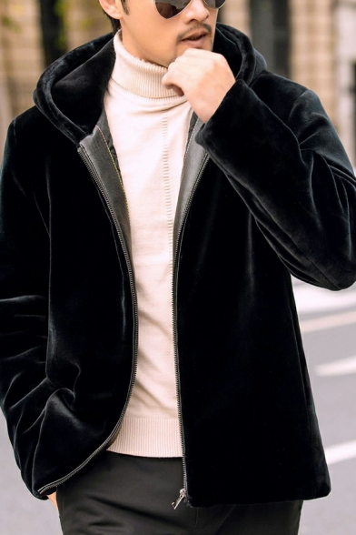 Edgy Solid Pocket Detailed Hooded Long-Sleeved Regular Zip Up Leather Fur Jacket for Boys