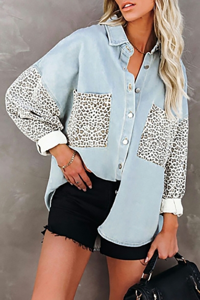 Fancy Ladies Leopard Print Turn-down Collar Long Sleeves Single Breasted Denim Jacket