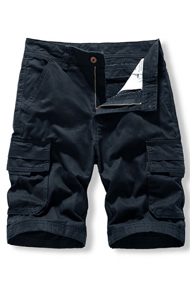 Fashion Guy's Solid Color Flap Pocket Mid Waist Regular Zip Placket Cargo Shorts
