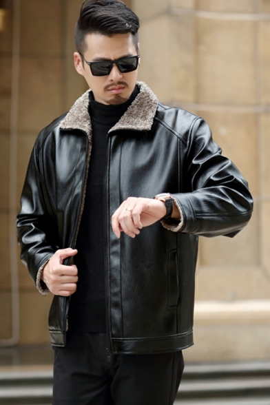 Fashionable Guy's Solid Color Spread Collar Long Sleeve Regular Zipper Leather Fur Jacket