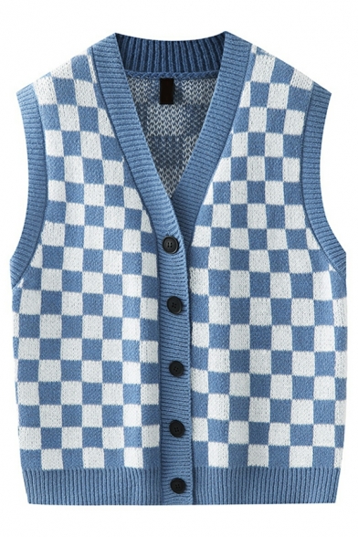 Fashionable Guys Checked Pattern V Neck Sleeveless Regular Fitted Button Fly Knitted Vest