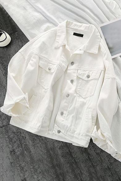 Girls Cozy Solid Chest Pocket Long Sleeve Baggy Spread Neck Button up Denim Jacket