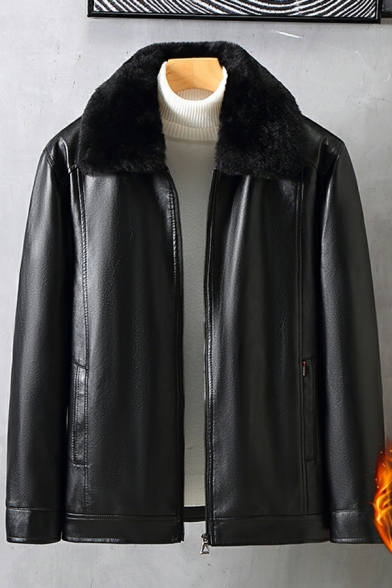 Guy's Creative Jacket Pure Color Stand Collar Long Sleeve Baggy Zip Fly Leather Fur Jacket