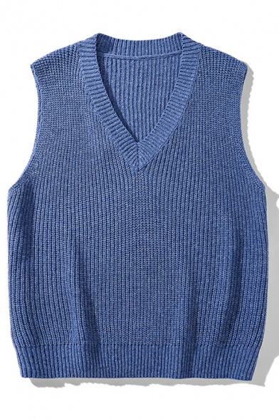 Guy's Unique Solid Color V Neck Sleeveless Rib Hem Regular Fitted Knitted Vest