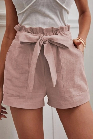 Modern Women Solid Front Pocket Mid Rise Relaxed Drawstring Waist Shorts