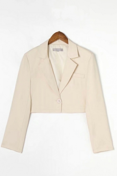 Vintage Women Pure Color Single Button Long-sleeved Lapel Collar Fitted Crop Blazer